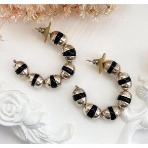 Black Faux Onyx Beaded Chunky Silver Toned Open Hoop Post Back Vintage Earrings